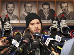 The Canadiens' Jonathan Drouin meets the media at the Bell Sports Complex in Brossard on April 9, 2019, after the team missed the NHL playoffs.