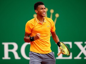 Felix Auger-Aliassime celebrates match point against Juan Ignacio Londero in their first-round match at the Monte Carlo Masters on April 16, 2019, in Monte-Carlo, Monaco.