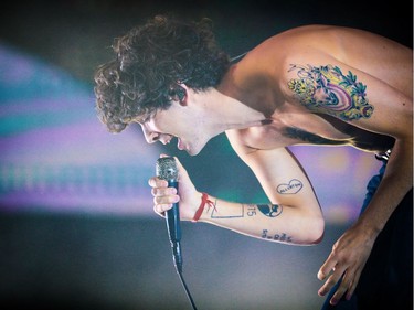 Matthew Healy of The 1975 performs at Coachella Stage during the 2019 Coachella Valley Music And Arts Festival on April 19, 2019 in Indio, California.