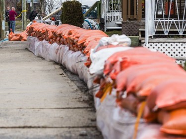 Sand bags to protect homes against rising flood waters along Rue Moreau in Gatineau, Quebec on April 22, 2019.