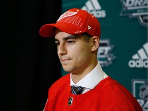Joseph Veleno, seen here after being selected by the Detroit Red Wings in the 2018 NHL Draft, had one of the Drummondville Voltigeurs' goals in the QMJHL playoffs.