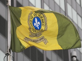 Sûreté du Québec flag at the entrance to the SQ headquarters in Montreal.