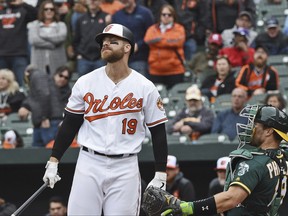 Baltimore Orioles' Chris Davis, left, reacts after he was called out a strikes in the eighth inning of a baseball game against the Oakland Athletics, Thursday, April 11, 2019, in Baltimore.