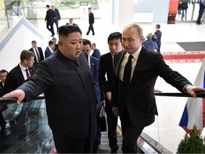 Russian President Vladimir Putin meets with North Korean leader Kim Jong Un at the Far Eastern Federal University campus on Russky island in the far-eastern Russian port of Vladivostok on April 25, 2019.