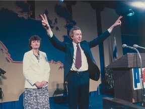 Joe Clark acknowledges victory in May, 1979, as Maureen McTeer looks on.