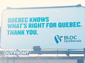 The Bloc Quebecois is taking its defence of the provincial government’s secularism bill to English Canada with a billboard along an Ottawa highway.