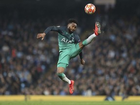 Tottenham Hotspur defender Danny Rose controls the ball during the Champions League quarterfinal, second leg, soccer match between Manchester City and Tottenham Hotspur at the Etihad Stadium in Manchester, England, Wednesday, April 17, 2019.