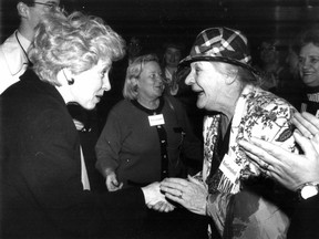 Kim Campbell (left) is greeted by supporters in Montreal on April 21, 1993. A Conservative leadership race was underway.