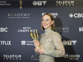 Karine Vanasse poses for a photo after winning the Best Lead Actress, Drama Program or Limited Series Award for "Cardinal: Blackfly Season" at the Canadian Screen Awards in Toronto on Sunday, March 31, 2019.