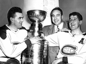 Maurice Richard, Toe Blake and Elmer Lach on April 16, 1953 after the Montreal Canadiens beat the Boston Bruins to win the Stanley Cup.