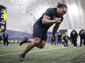 Asnnel Robo of France takes part in on field tests during the CFL combine in Toronto on March 24, 2019. Robo was taken third overall in the CFL's first-ever European player draft.