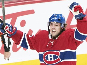 Montreal Canadiens' Ryan Poehling celebrates after scoring against the Toronto Maple Leafs during first period NHL hockey action in Montreal, Saturday, April 6, 2019.