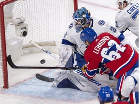 The Canadiens' Artturi Lehkonen (62) scores on on Tampa Bay Lightning goaltender Edward Pasquale during third period of NHL game at the Bell Centre in Montreal on Tuesday, April 2, 2019.