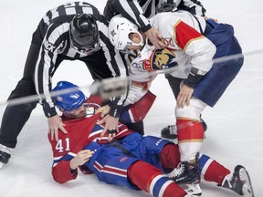 Florida Panthers defenceman MacKenzie Weegar knocks out Montreal Canadiens winger Paul Byron during first period on March 26, 2019, in Montreal. Both players received a major penalty for fighting.