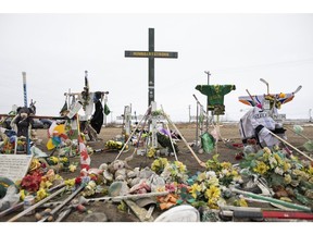 A memorial is displayed for the victims of the Humboldt Broncos bus crash near Codette, Sask. on Saturday, April, 6, 2019. One year ago today, 16 people were killed and 13 were injured after the Saskatchewan hockey team's bus collided with a semi-truck driven by a novice trucker who had blown the stop sign at a rural intersection.