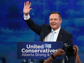 Jason Kenney greets supporters at the United Conservative Party election night headquarters in Calgary.