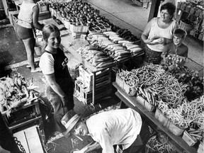 Produce on sale at Lachine Market circa 1971. This is a cropped version of a photo published April 24, 1976 along with an article about alternatives to supermarkets. The uncropped photo appears with the text of the article.