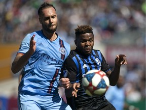 Montreal Impact forward Orji Okwonkwo, right, and New York City FC defender Maxime Chanot, vie for the ball during the second half of an MLS match on April 6, 2019, in New York.