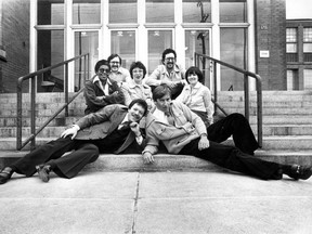 Photo published in the Montreal Gazette on April 7, 1979. Original caption: The duck-tail haircuts and mini-skirts are long gone, but many Northmount High School students are still around. They plan to get together for a reunion on May 5 (1979) to find out whatever happened to those old gangs of theirs. Current principal Gwen Lord, middle row at left, sits with former students, left to right, back row, Barry Soifer and Sheldon Kagan; middle, Arlene Smilovitch and Carole Levine; and front, Harvey Levine and Rick Leckner.