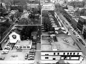 Photo published in the Montreal Gazette April 15, 1953 shows houses and a gas station that were to be demolished to make way for a parking lot for Eaton's department store. The new lot was in the block north of Burnside (now de Maisonneuve Blvd.) and bordered by Victoria St. on the west and University St. (now Robert-Bourassa Blvd.) on the east.