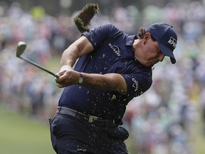 Phil Mickelson hits on the first hole during the second round of the Masterson  Friday, April 12, 2019, in Augusta, Ga.