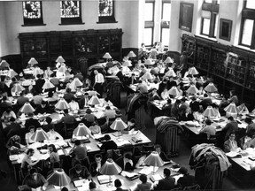 This photo is dated April 8, 1950. Students at McGill University pack the (original) Redpath Library in the run-up to final exams.