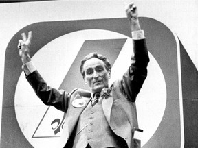A victorious Claude Ryan wins the leadership of the Quebec Liberal Party on April 15, 1978. This photo appeared on Page 1 of the Montreal Gazette the following Monday, April 17, 1978.