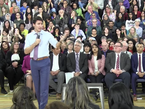 Screen shot of Prime Minister Justin Trudeau at town hall in Ontario, from Canadian Press video.