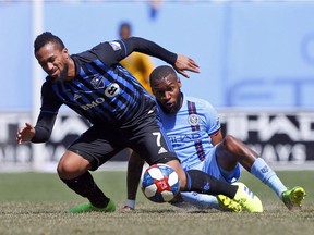Montreal Impact midfielder Harry Novillo (7) battles for the ball against New York City FC defender Sebastien Ibeagha during the first half of an MLS soccer match, Saturday, April 6, 2019, in New York. The Montreal Impact have been logging some serious air miles to start the new Major League Soccer season and some of the players are beginning to feel the effects.