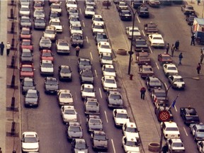 More than 1500 taxi drivers tie up traffic on René-Lévesque Blvd. in Montreal on April 9, 1990 to protest a bid by the United Steelworkers of America to organize them. This is a cropped version of the photo appeared on Page 1 of the Montreal Gazette the following day. The full photo appears in the text of the article.