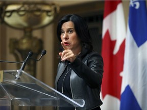 Mayor Valérie Plante answers questions about Bill 21 during a news conference at city hall in April.