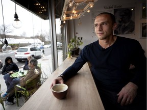 Impact goalkeeper Evan Bush enjoys a coffee at his favourite cafe, Victor Rose, in Pointe-Claire on Thursday, May 2, 2019.
