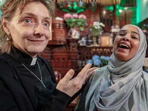 Representatives of Christian, Jewish and Muslim religions got together to denounce Bill 21. Reverend Paula Kline and Sara Abou-Bakr chat after a press conference at the St-James United Church in Montreal on Tuesday May 7, 2019.