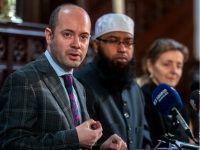 Representatives of Christian, Jewish and Muslim religions get together to denounce Bill 21. Rabbi Avi Finegold, Imam Musabbir Alam and Reverend Paula Kline at a press conference at the St-James United Church in Montreal on Tuesday, May 7, 2019.