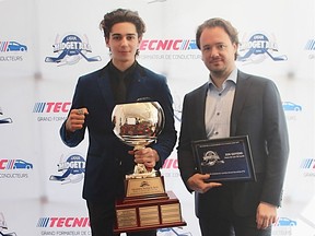 Lions goalie Devon Levi was named winner of the Ken Dryden and Patrick Roy trophies at Sunday's Quebec Midget AAA Hockey League award gala. Lions coach Jon Goyens, right, was given a plaque for his league-record 75th career playoff win.