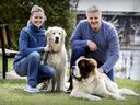 Former Montreal Canadien Chris Nilan and his girlfriend, Jaime Holtz, take their dogs Adele and Bodhi, left, to a park near their home in Terrasse-Vaudreuil, west of Montreal, on Thursday, May 9, 2019.