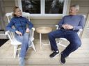Former Canadien Chris Nilan and his girlfriend, Jaime Holtz, on the front porch of their home in Terrasse-Vaudreuil, west of Montreal, on Thursday, May 9, 2019.