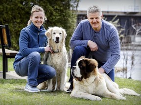 Former Montreal Canadien Chris Nilan and his girlfriend, Jaime Holtz, take their dogs Adele and Bodhi, left, to a park near their home in Terrasse-Vaudreuil, west of Montreal, on Thursday May 9, 2019.