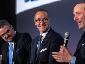 The Montreal Impact held a roundtable discussion at the Canadian Club at the Sheraton Hotel in Montreal on Monday May 13, 2019. Club president Kevin Gilmore, Montreal Impact owner Joey Saputo, and MLS Commissioner Don Garber, left to right, discussed the future of professional soccer in Montreal and North America.
