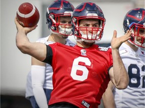 Former Laval Rouge et Or quarterback Hugo Richard throws a pass during first day of Montreal Alouettes rookie camp in Montreal on May 15, 2019.