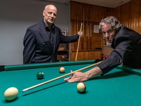 Rob Scott and Clifford Schwartz, new managers of the Wheel Club, play a little pool at the venue in N.D.G. on Tuesday May 14, 2019. After teetering on the edge, the Wheel Club is back with new management and new sound system and new clients and patrons.