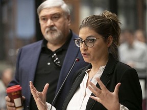 Galileo Adult Education Centre principal Martina Schiavone and  Frank Pettinicchio, parent of a student, address the EMSB May 16, 2019, on the proposal to transfer Galileo to a French school board.