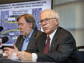 Dorval Mayor Edgar Rouleau, right, accompanied by François Pepin of Trajectoire, a public transit users advocacy group, at a press conference in Dorval at which time he urged the parties responsible to extend the REM from Trudeau Airport to the Dorval train station transit hub.