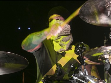 Drummer Josh Dun of group Twenty One Pilots, acknowledges the crowd at the Bell Centre during their May 22, 2019 concert
