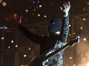 Vocalist Tyler Joseph of Twenty One Pilots, acknowledges crowd during their May 22, 2019, concert at the Bell Centre