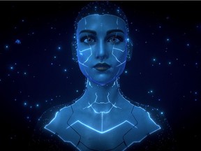 Ophelia is a "digital being" who converses with visitors in the AI work We Could Be Human: A Learning Machine, created by David Usher's company Reimagine AI.