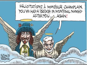 The Gazette's Terry Mosher, a.k.a. Aislin, thrashed out ideas for a Champlain Bridge time capsule contribution with his old pal Serge Chapleau of La Presse: "I said, 'I'm thinking I'll be dead, and you'll be dead when they open this thing. Why don't I do something on Champlain?' And he said, 'I'll do something commenting on the bridge'."