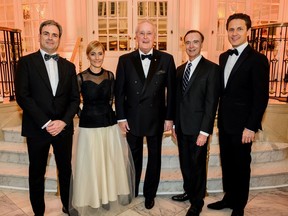Marc Tremblay, Julie Chaurette, Brian Mulroney, Dr. Fabrice Brunet and committee chair Mark Mulroney assemble for a photo op at the Ritz-Carlton Montreal's Palm Court.