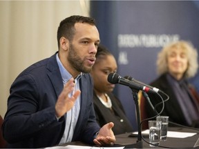 Balarama Holness speaks during an information session for Montreal's office of public consultations on Wednesday evening.