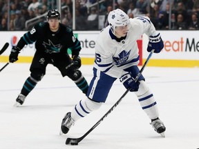 Mitch Marner of the Toronto Maple Leafs scores a goal in the third period against the San Jose Sharks at SAP Center on Nov. 15, 2018, in San Jose, Calif.
